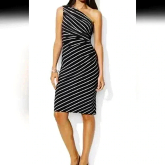 Lauren Ralph Lauren Dresses & Skirts - Lauren Ralph Lauren One Shoulder Black Cream Striped Side Ruched Sheath Dress 12